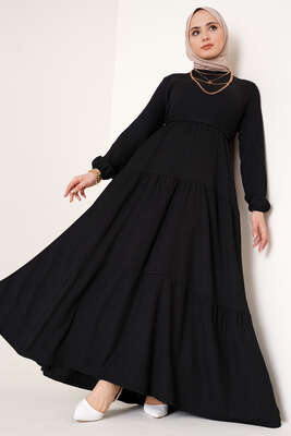Kat Detaylı Bürümcük Elbise Siyah