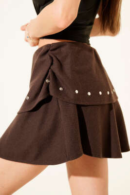 Katlı Zımbalı Mini Kaşe Etek Kahve - Kadın Giyim Modelleri