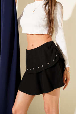 Katlı Zımbalı Mini Kaşe Etek Siyah - Kadın Giyim Modelleri