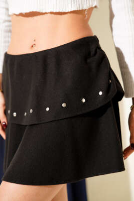 Katlı Zımbalı Mini Kaşe Etek Siyah - Kadın Giyim Modelleri