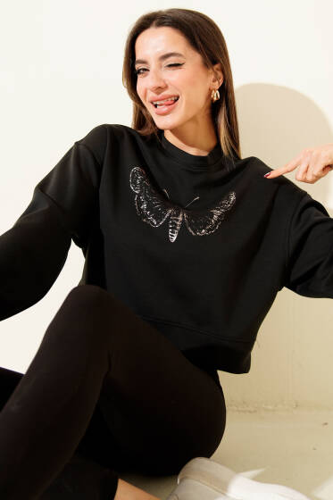 Kelebek Baskılı Kısa Sweatshirt Siyah - Kadın Giyim Modelleri