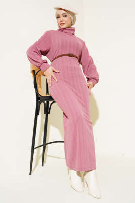 Kemerli Balıkçı Yaka Elbise Gül Kurusu 