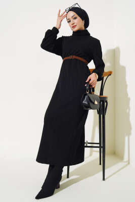 Kemerli Balıkçı Yaka Elbise Siyah - Elbise