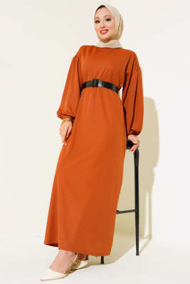 Kemerli Balon Kol Elbise Taba - UKBE