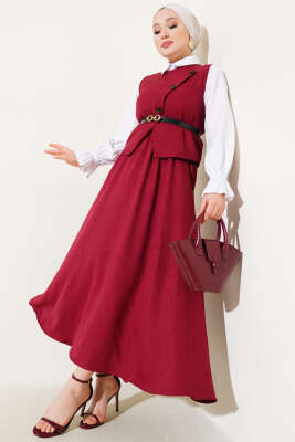 Kemerli Çapraz Düğmeli Yelekli Etekli Takım Bordo - DENİZ LIFE