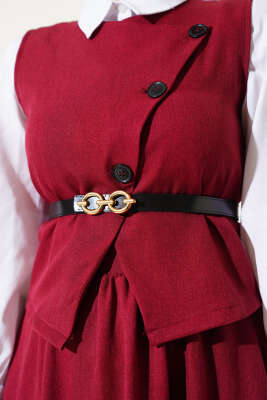 Kemerli Çapraz Düğmeli Yelekli Etekli Takım Bordo - İkili Takım