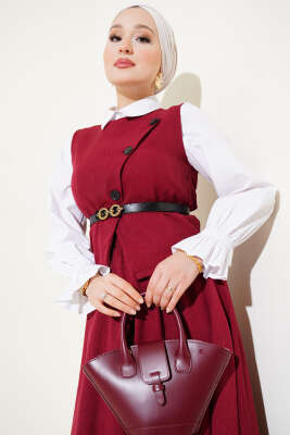 Kemerli Çapraz Düğmeli Yelekli Etekli Takım Bordo - İkili Takım