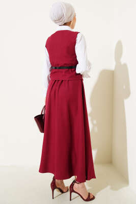 Kemerli Çapraz Düğmeli Yelekli Etekli Takım Bordo - İkili Takım