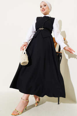 Kemerli Çapraz Düğmeli Yelekli Etekli Takım Siyah 