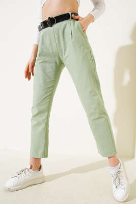 Kemerli Dar Paça Gabardin Pantolon Çağla Yeşili 