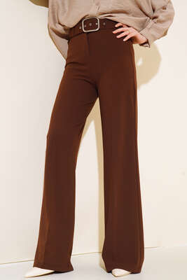 Kemerli Geniş Paça Pantolon Kahve - DUFON