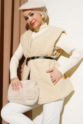 Kemerli Peluş Yelek Bej - SAS