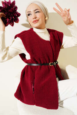 Kemerli Peluş Yelek Bordo - SAS