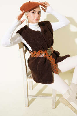 Kemerli Peluş Yelek Kahve - SAS