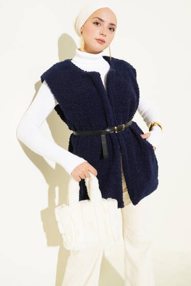 Kemerli Peluş Yelek Lacivert - Yelek