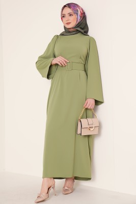 Kemerli Pensli Haki Elbise