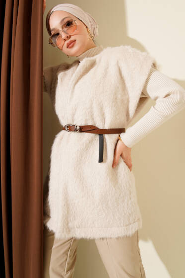 Kemerli Sakallı Yelek Bej - Yelek