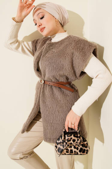 Kemerli Sakallı Yelek Vizon - Yelek