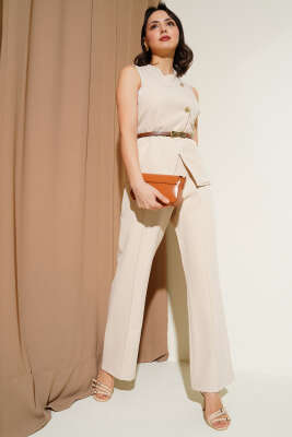 Kemerli Yelekli Pantolon İkili Takım Bej 