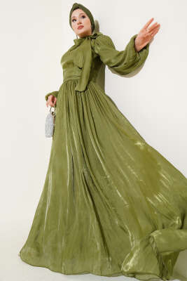 Kendinden Yaka Kuşaklı Abiye Elbise Haki