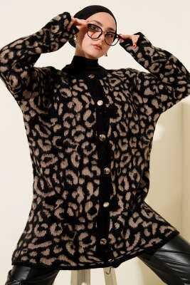 Leopar Desenli Şardonlu Triko Hırka Vizon