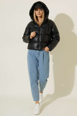 Kısa Şişme Deri Mont Siyah - Kadın Giyim Modelleri