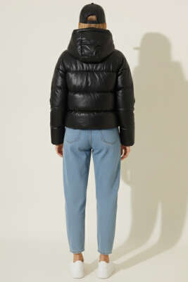 Kısa Şişme Deri Mont Siyah - Kadın Giyim Modelleri