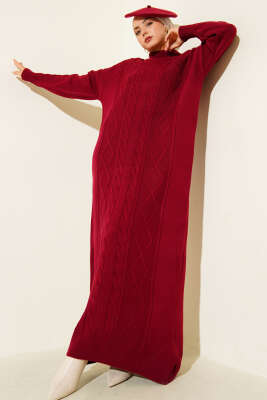 Kıvrım Örgülü Triko Elbise Bordo