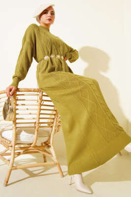 Kıvrım Örgülü Triko Elbise Yağ Yeşili