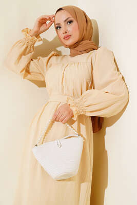 Kol Bileği Gipeli Kat Elbise Bej - Elbise