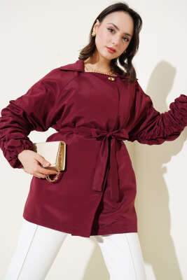 Kol Büzgülü Kuşaklı Ceket Bordo - HEWES