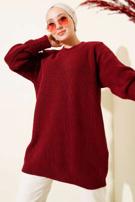 Kol Düğme Detaylı Triko Tunik Bordo 
