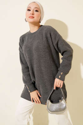 Kol Düğme Detaylı Triko Tunik Füme 