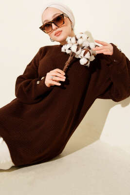 Kol Düğme Detaylı Triko Tunik Kahve 