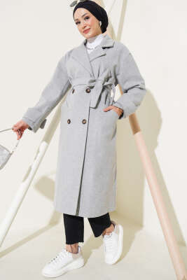 Kol Düğmeli Kaşe Kaban Gri