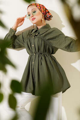 Kol Düğmeli Önü Büzgülü Gömlek Haki