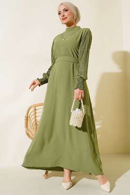 Kol Piliseli Elbise Çağla Yeşili - Elbise