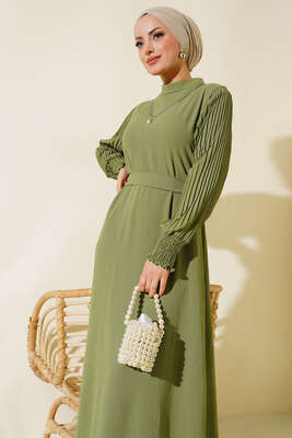 Kol Piliseli Elbise Çağla Yeşili - Elbise