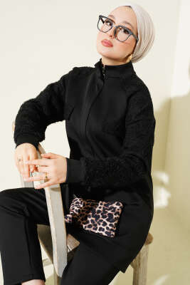 Kol Tüllü Fermuarlı Scuba İkili Takım Siyah