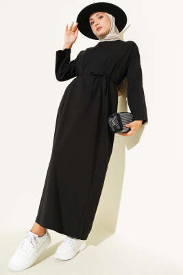 Kol Ucu Armalı İp Bağcıklı Elbise Siyah