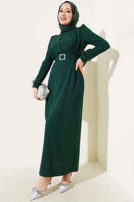 Kol Ucu Tüylü Kemerli Elbise Koyu Yeşil 