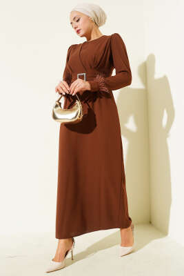 Kol Ucu Tüylü Kemerli Elbise Taba 
