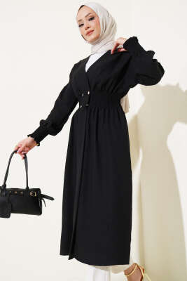 Kol Ve Bel Büzgülü Patlı Hırka Siyah 