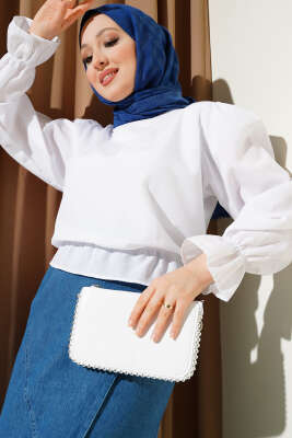 Kol ve Bel Lastikli Kısa Gömlek Beyaz