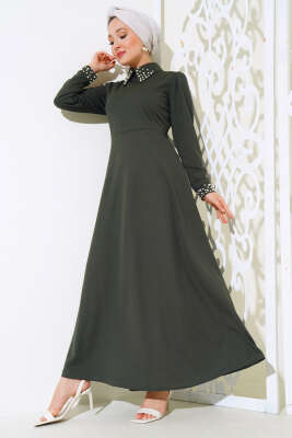Kol Yaka İncili Elbise Haki - UKBE