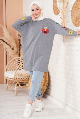 Kolları Baskılı Gri Tunik