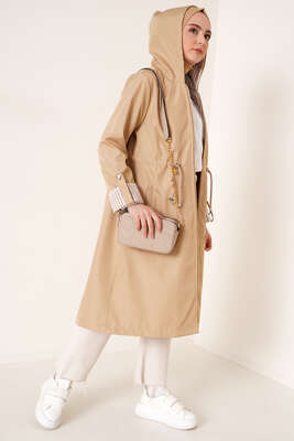 Kolları Katlamalı Kapüşonlu Trençkot Camel