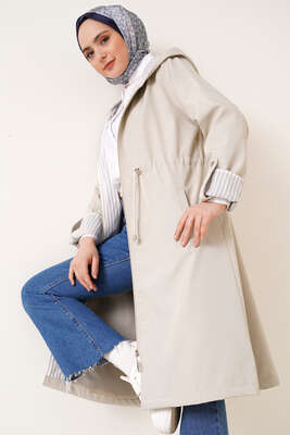 Kolları Katlamalı Kapüşonlu Trençkot Taş
