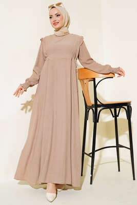 Kolları Parlak Pullu Elbise Latte 