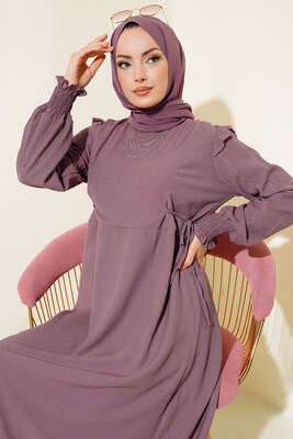 Kolları Parlak Pullu Elbise Magenta - Elbise